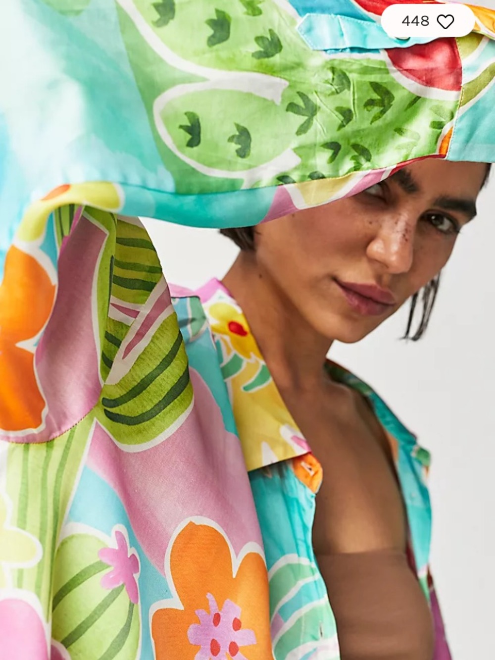 Spell Multicolor Floral Satin Tunic - Pink, Green, Yellow, Orange, Blue - Picture 2 of 11